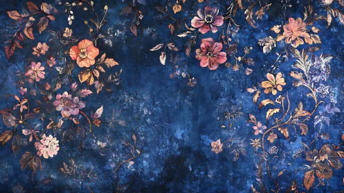 Dark blue floral wallpaper with scattered vintage blooms.