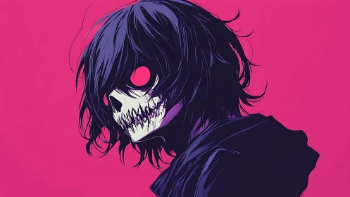 Neon magenta horror portrait of hooded skull-faced figure