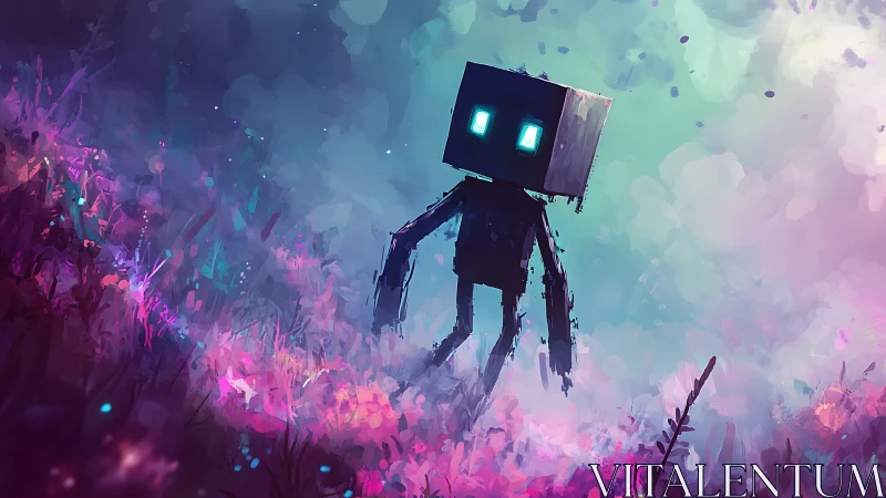 Glow-eyed box robot wanders through a neon dream meadow