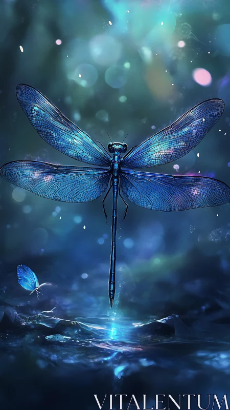 Blue dragonfly above water in luminous aquatic scene.