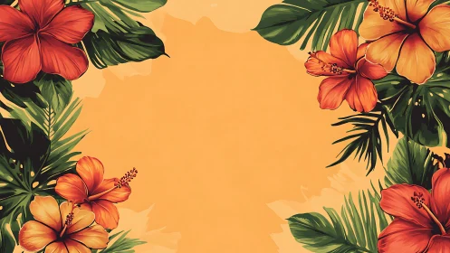 Tropical Hibiscus Floral Frame Border Against Golden Background.
