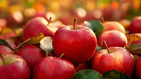 Red apples with leaves in shallow depth of field composition.