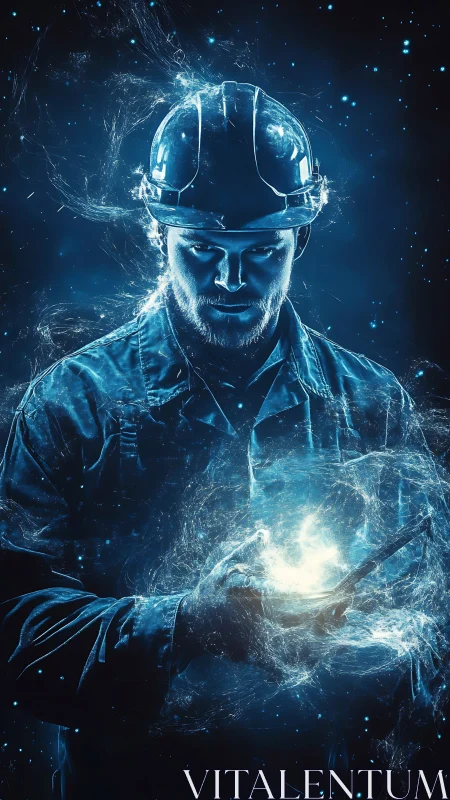 Industrial technomancer holding radiant digital energy sphere.