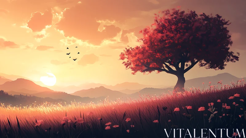 Solitary red tree on glowing sunset hillside landscape.