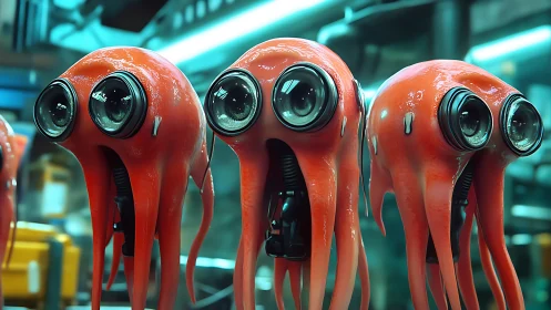 Glowing lens-eyed robot squids lined up in neon lab.