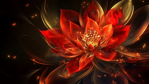 Digital red lotus rendered with luminous particle effects.