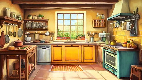 Digital illustration depicts organized country kitchen interior