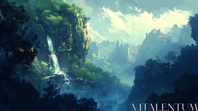 Emerald cliffs and whispered waterfalls in mistlit valley.