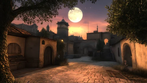 Moonlit old town courtyard soaked in ember dusk glow.