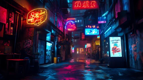 Rain-soaked cyberpunk alley renders neon light scattering realistically