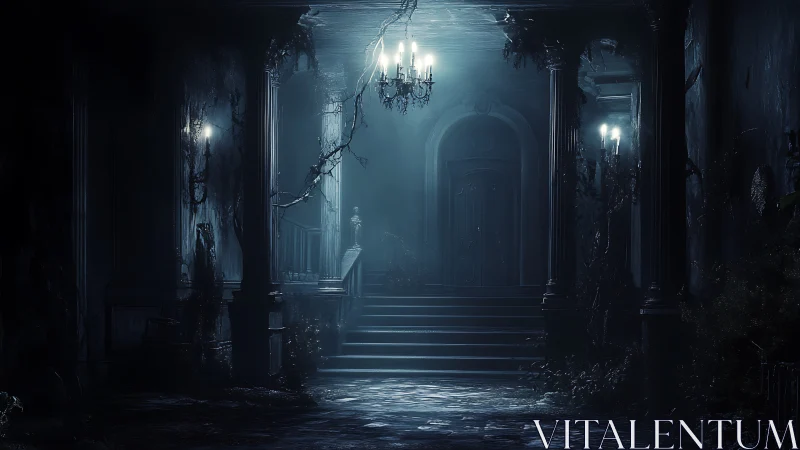 Moonlit haunted mansion hallway shrouded in eerie silence.