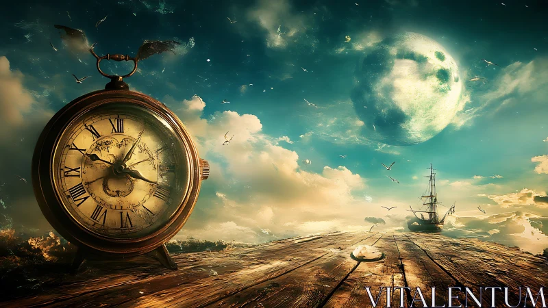 Winged pocket watch patrols a moonlit sea of drifting time