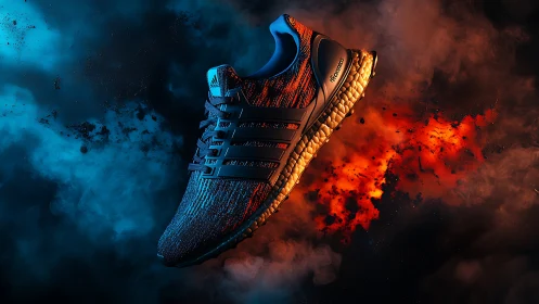 Running shoe product shot in dramatic colored smoke scene.