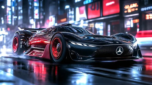 Futuristic Mercedes hypercar glides through neon city streets.