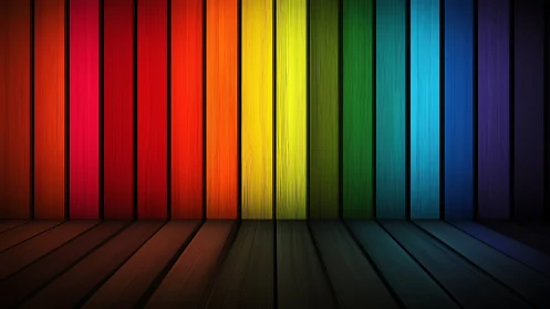 Rainbow planks stand upright and pour color into the floor