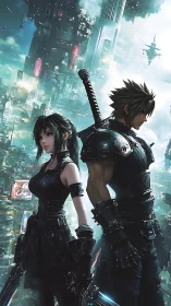 Cyberpunk warrior duo against vertical neon megastructure.