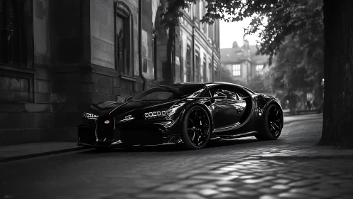Black hypercar in moody cobblestone city street at dusk.