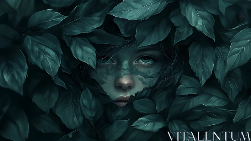 Child&rsquo;s face emerging quietly from dense green foliage.