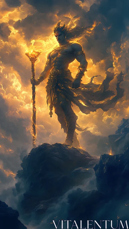 Fire crowned sky deity stands over storm forged cliffs