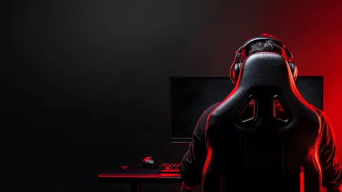 Person uses desktop gaming setup in low key red lighting
