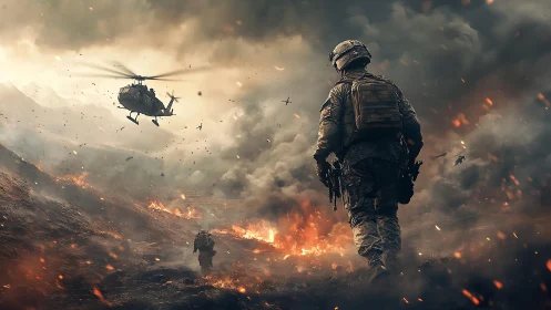 Armed soldiers and helicopter in active battlefield environment.