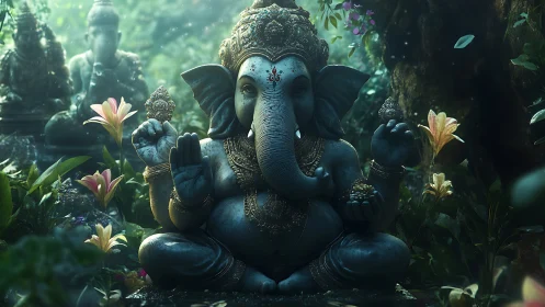 Ganesh statue sits in lush forest clearing with soft light