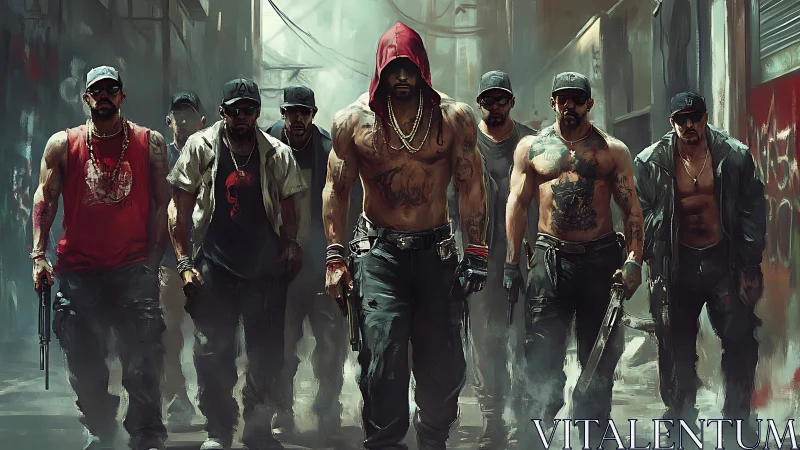 Armed street gang advances through graffiti alley at dusk.