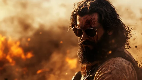 Bearded soldier in sunglasses amid dusty battlefield flames.