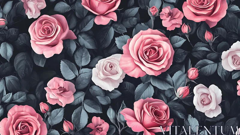 Pink Roses Digital Floral Composition Against Dark Foliage.