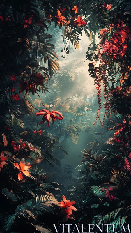 Luminous jungle portal of scarlet blooms and hidden mist.