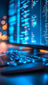 Programmer workstation glowing with blue code reflections.