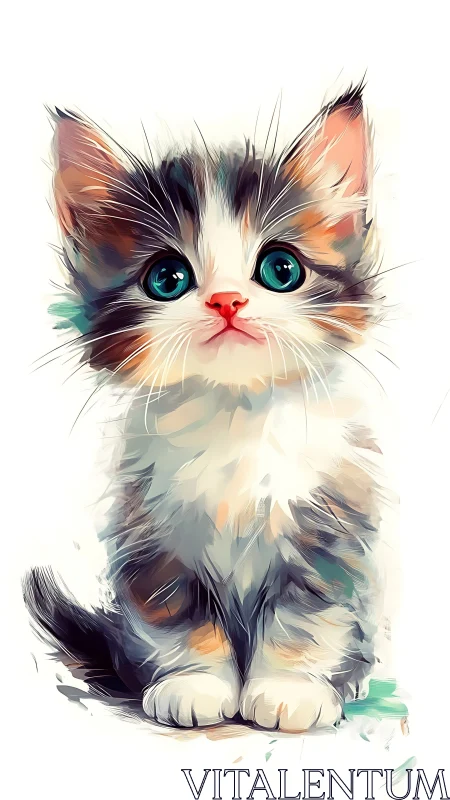 Digital Painted Kitten Portrait with Stylized Brush Strokes and Turquoise Eyes