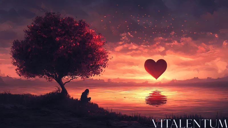 Solitary figure contemplates heart-shaped celestial silhouette against warm sunset