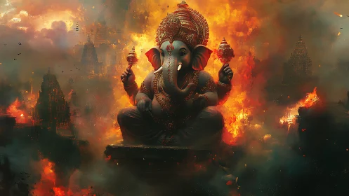 Elephant-headed deity statue amid burning temple complex.