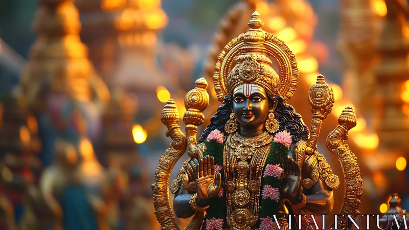 Ornate golden deity statue with garland in shallow focus.