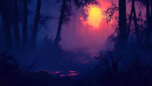 Mystical forest sunset through silhouetted trees.