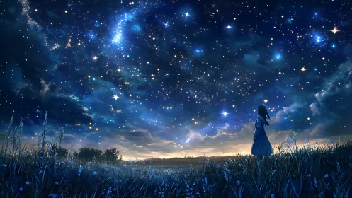 Girl in twilight meadow studies vast luminous starry sky