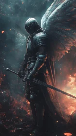 Winged dusk-knight pauses amid embers to guard the ashes