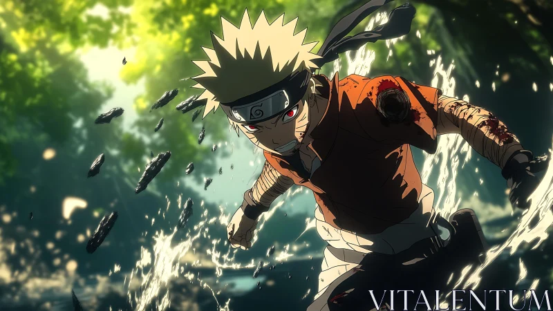 Battle-scarred ninja sprinting through water with dynamic debris