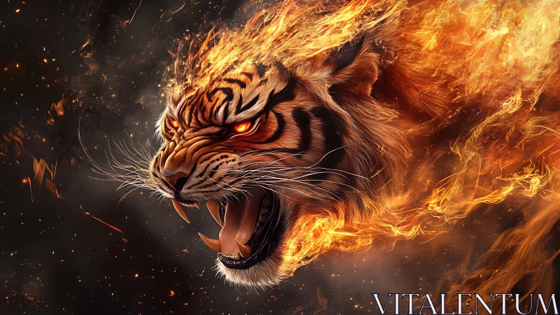 Blazing tiger head erupts through swirling molten firestorm.