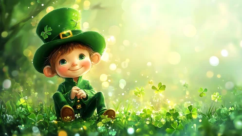 Cute leprechaun child sitting in bright clover field.