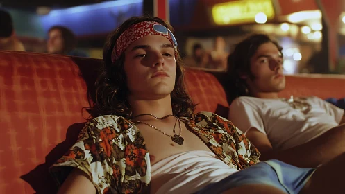 Cinematic retro lounge portrait with relaxed teen duo framing.