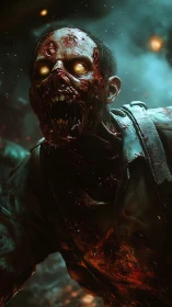 Glowing-eyed zombie portrait in cinematic teal and orange lighting.