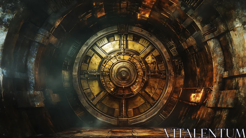 Circular industrial vault door in rusted metal tunnel.