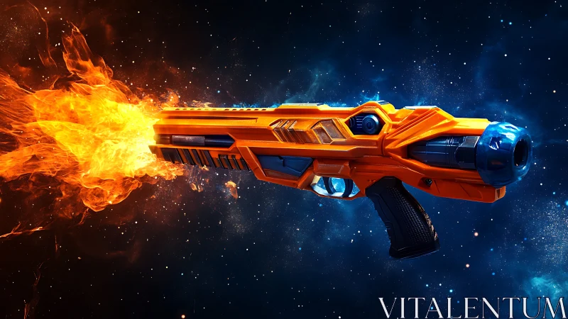 Futuristic plasma blaster discharging flaming projectile in space