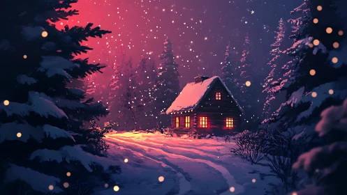 Snow-covered forest cabin is illuminated against dusk sky