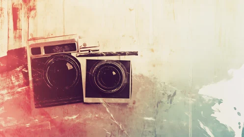 Vintage twin cameras on distressed pastel backdrop.