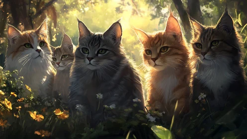 Five Cats Bathed in Golden Forest Sunlight
