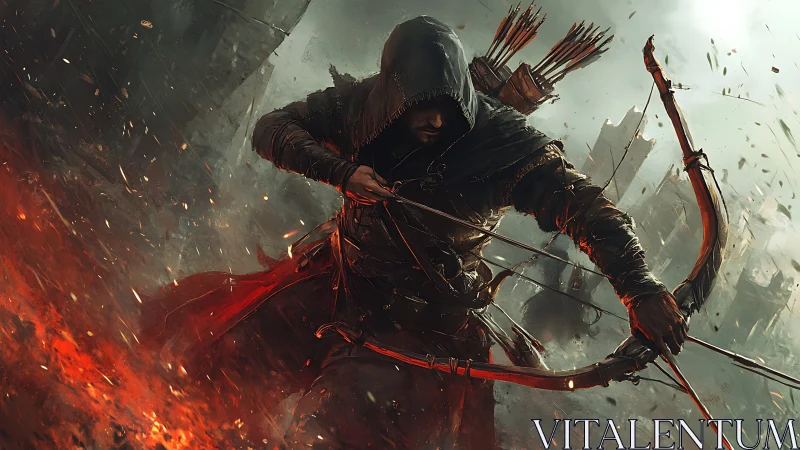 Hooded ember archer carving silence through burning ruin.