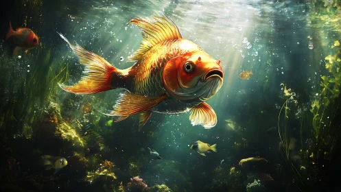 Golden koi in luminous freshwater reef with volumetric rays